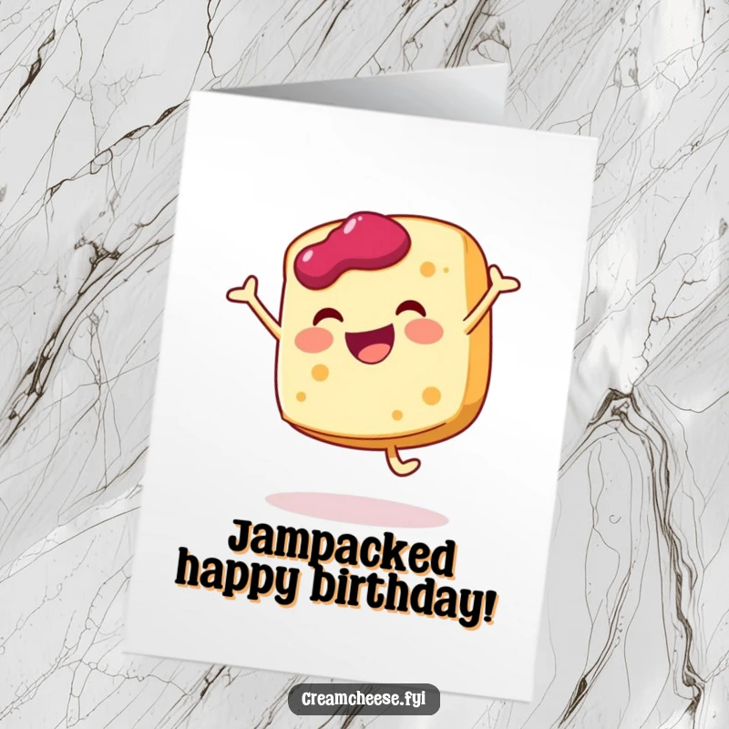 Funny Free Printable Birthday Card: Cheerful cream cheese slice performs a joyful cartwheel with jam, embodying birthday excitement.