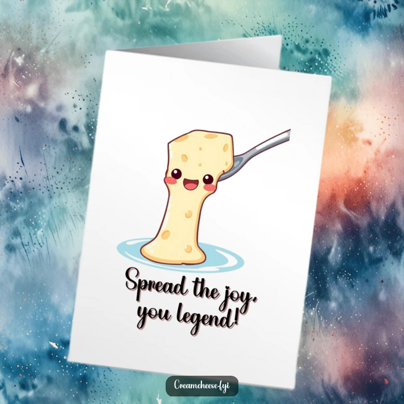 Funny Free Printable Birthday Card: A happy block of cream cheese joyfully slides down a spoon like a waterslide.