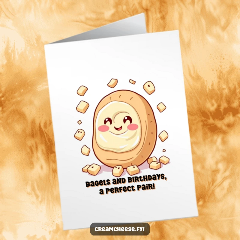 Funny Free Printable Birthday Card: A giggling cream cheese spread juggles small bagel pieces with a playful grin.