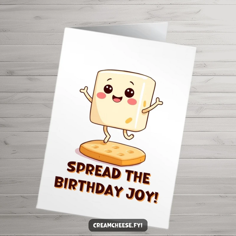 Funny Free Printable Cream Cheese Birthday Card: A smiling cream cheese block joyfully bouncing on a cracker, DIY gift.