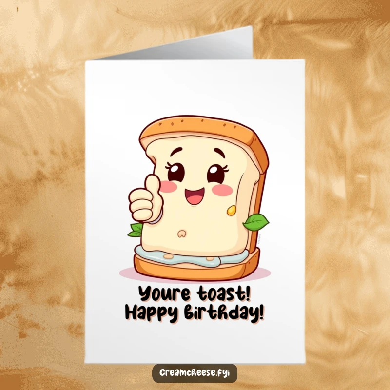 Funny Free Printable Cream Cheese Birthday Card: Happy cream cheese character giving a thumbs-up from a deconstructed sandwich, wishing a fantastic birthday.