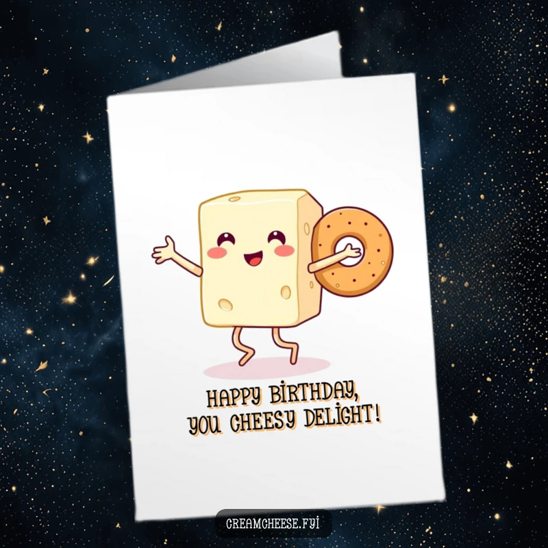 Funny Free Printable Birthday Card: A smiling cream cheese block with legs joyfully dances with a happy bagel.