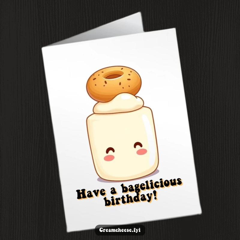 Funny Free Printable Birthday Card: Smiling cream cheese tub character balancing a small bagel precariously on its head.