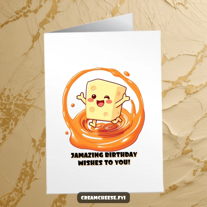 Funny Free Printable Birthday Card: Cream cheese character leaping joyfully through a sweet swirl of jam.