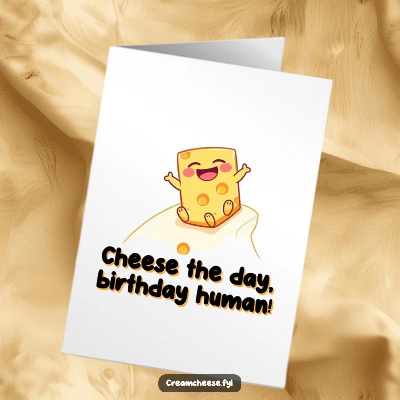 Funny Free Printable Birthday Card featuring a block of cheese hilariously sliding down a creamy slope, spreading birthday cheer.