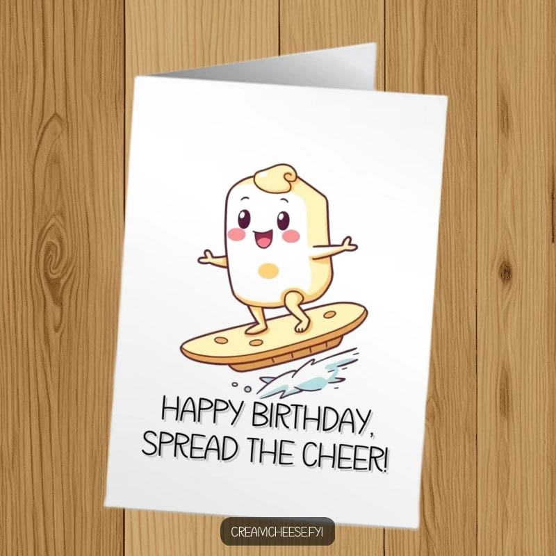 Funny Free Printable Birthday Card: A happy cream cheese character hilariously surfs on a giant cracker, celebrating a wild birthday.