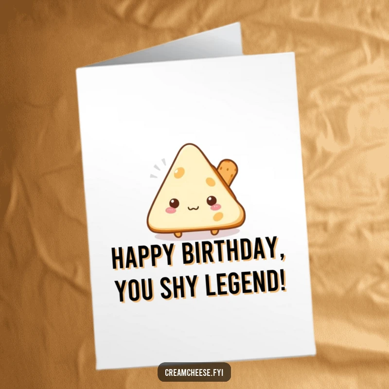 Funny free printable birthday card featuring a timid cream cheese triangle peeking from behind a small breadstick, a cute and humorous design.