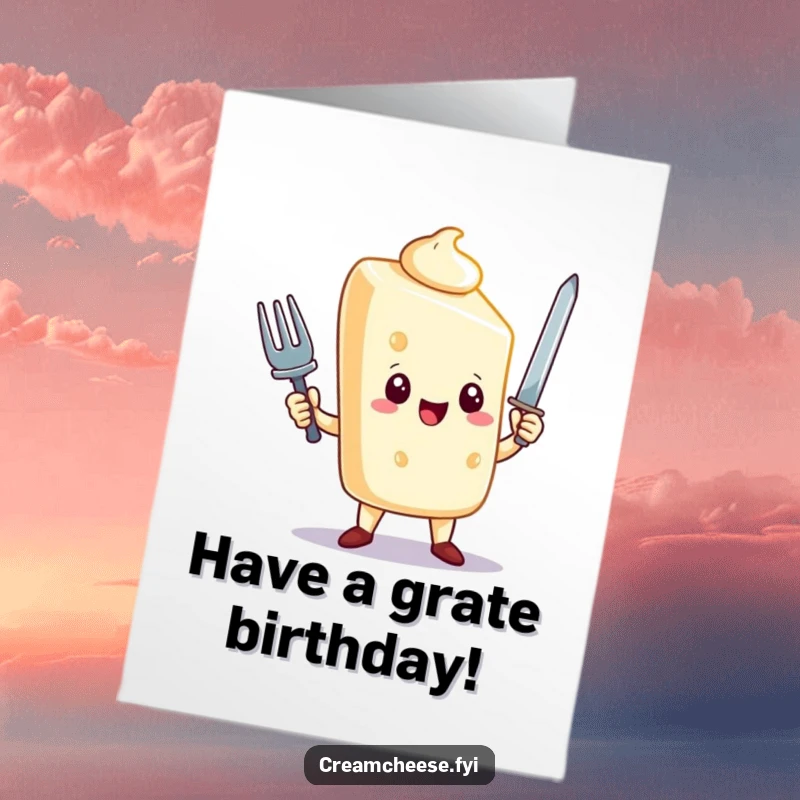 Funny Free Printable Birthday Card: Triumphant cream cheese character heroically wields a tiny fork like a sword, celebrating your day.