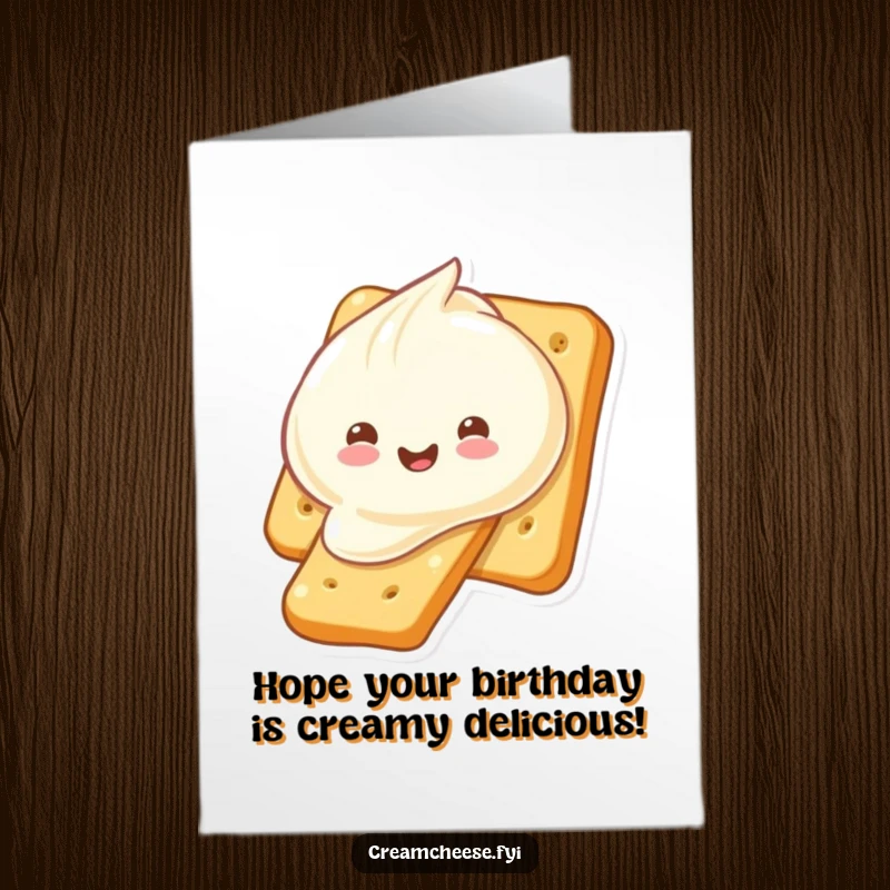 Funny Free Printable Birthday Card showing a delighted cream cheese dollop joyfully sliding down a cracker, full of birthday cheer.
