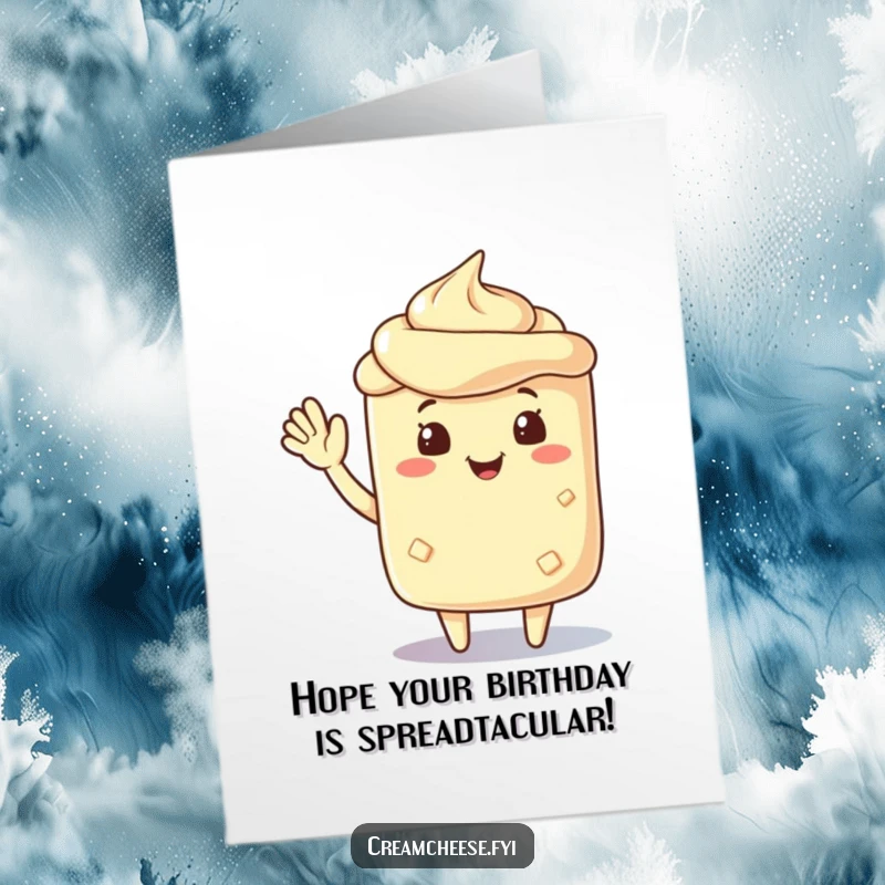 Funny Free Printable Birthday Card: A friendly cream cheese spread character offers a cheerful wave. Simple, humorous, and downloadable.