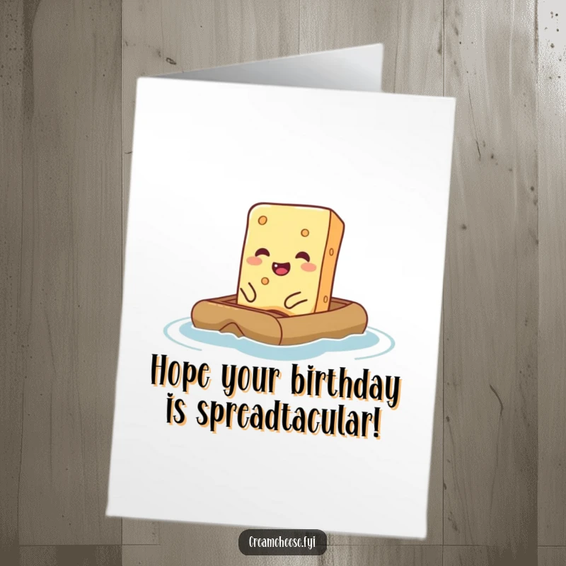 Funny Free Printable Birthday Card featuring a giggling cream cheese bar precariously floating on a tiny raft, ready for a splashy celebration.