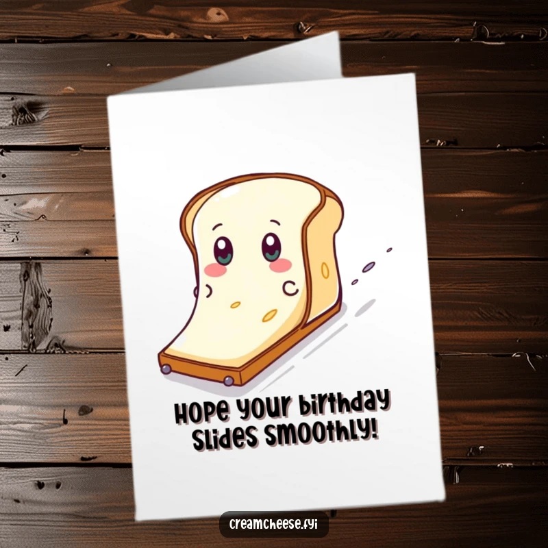 Funny Free Printable Happy Birthday Card: Cream cheese with eyes slides down a toast slope, a playful and celebratory scene.
