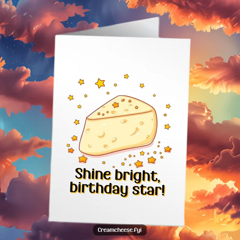 Funny Free Printable Happy Birthday Card: Cream cheese wedge gleefully scatters edible golden stars, celebrating a stellar birthday.