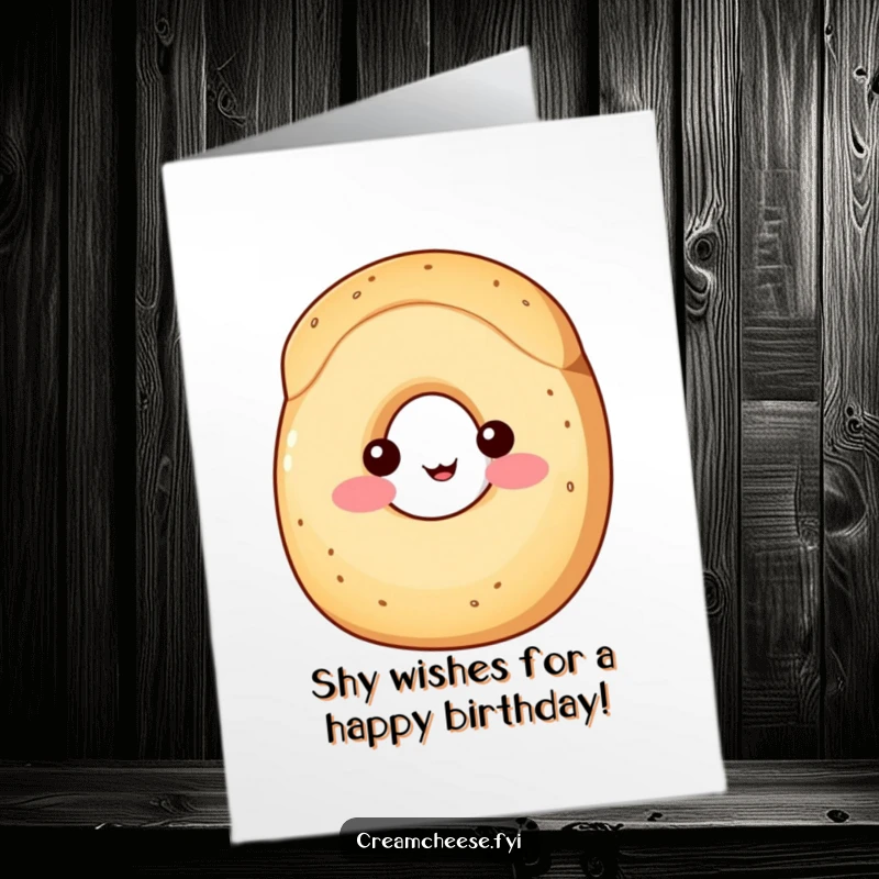 Funny Free Printable Birthday Card: A shy wedge of cream cheese with rosy cheeks peeks from behind a bagel, wishing happy birthday.