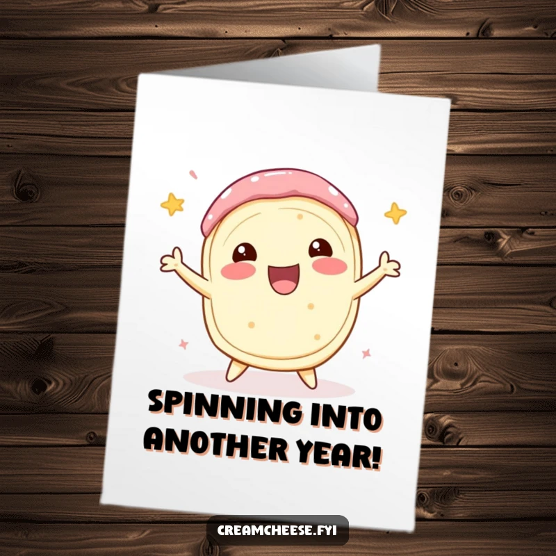 Funny Free Printable Birthday Card: A delighted cream cheese roll is captured mid-spin in a joyous birthday celebration.