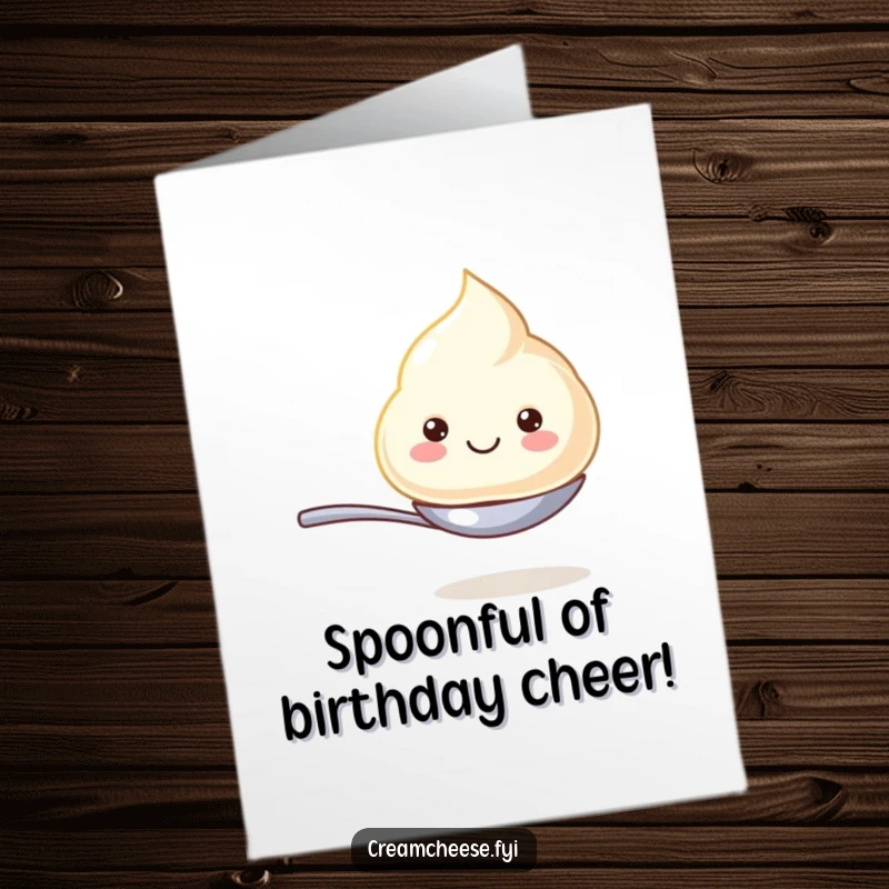 Funny Free Printable Birthday Card featuring a beaming cream cheese dollop balancing on a spoon, ready to party.