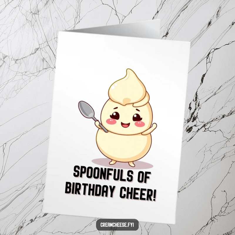 Funny Free Printable Cream Cheese Swirl Birthday Card, a cheerful character balancing a tiny spoon with glee, ready for your birthday wishes.