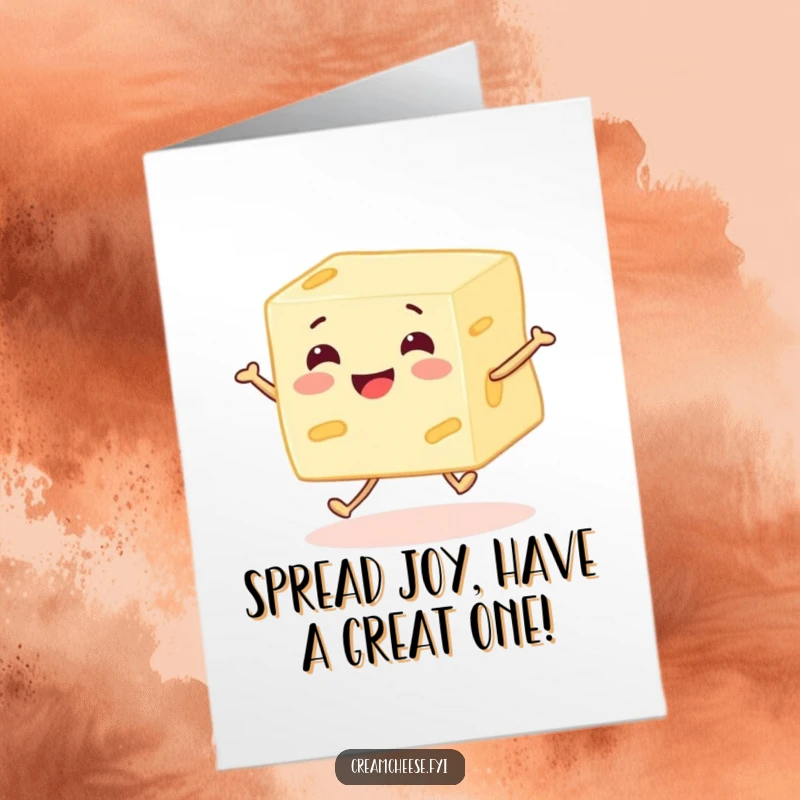 Funny Free Printable Birthday Card: Smiling cream cheese block with legs joyfully skips, spreading birthday cheer. A hilarious downloadable greeting.