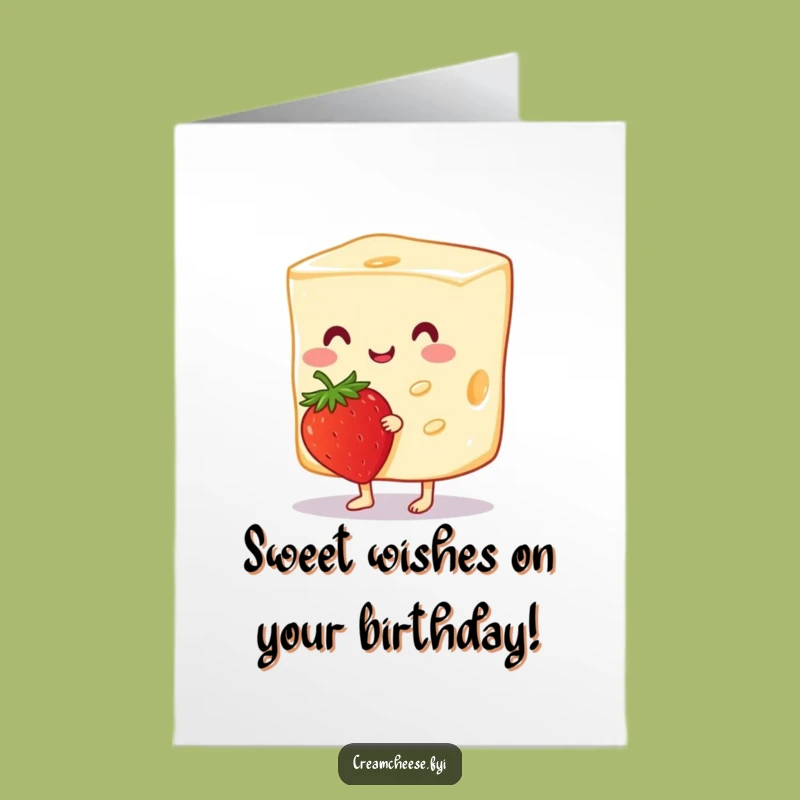 Free Printable Birthday Card: Tiptoeing Cream Cheese & Strawberry, Cute Fun Downloadable