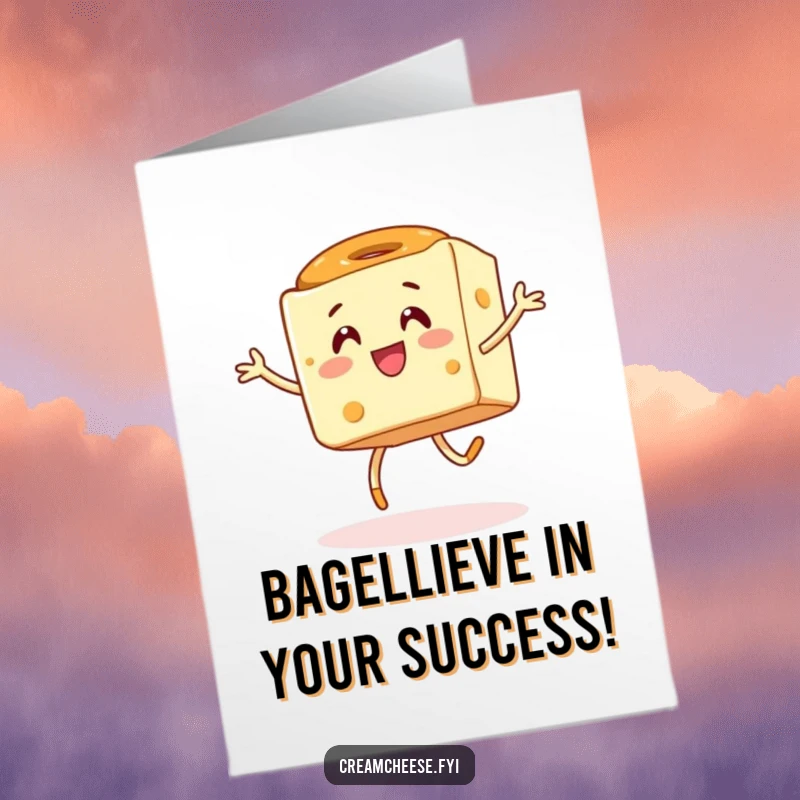 Funny Free Printable Congratulations Card showing a cream cheese cube doing a silly hop with a bagel.