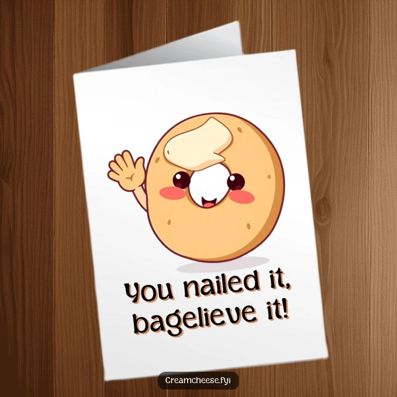 Funny Free Printable Congrats Card: Enthusiastic bagel with cream cheese topping waves a cheerful congratulations. A delicious downloadable message.