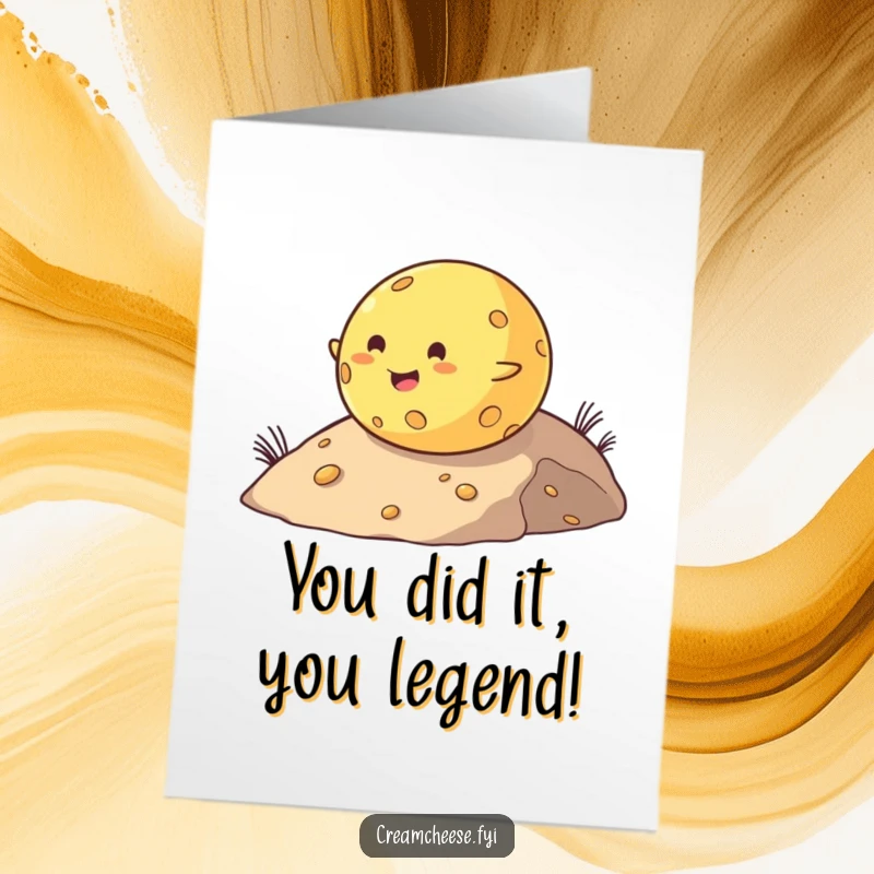 Funny Free Printable Congrats Card: Chubby cheese ball rolls downhill with a cheerful expression, celebrating achievement.
