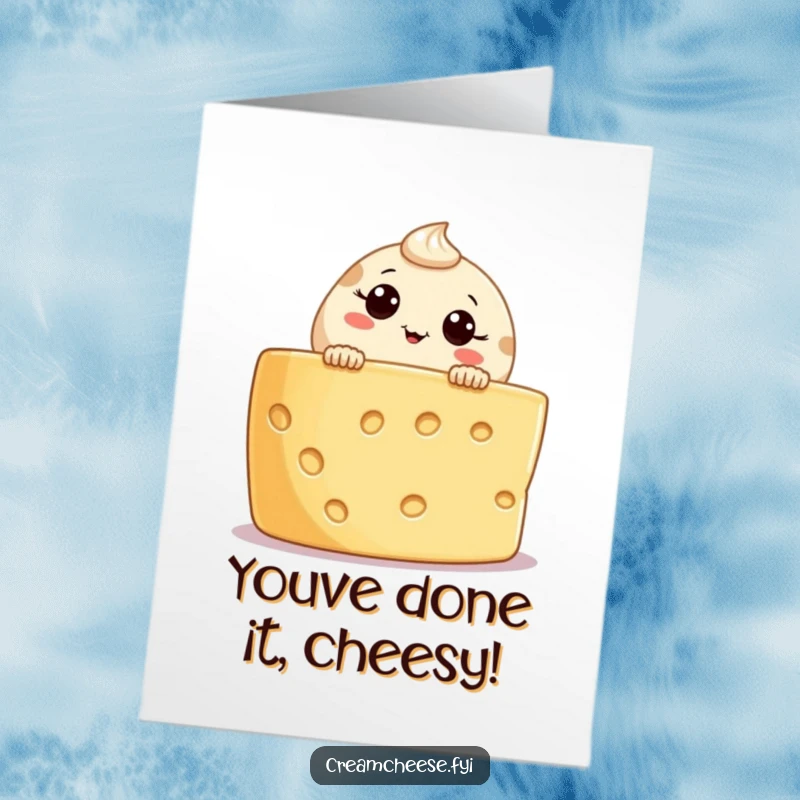 Funny Free Printable Congratulations Card: Curious cream cheese character peeking over a cheese board, celebrating your big win.