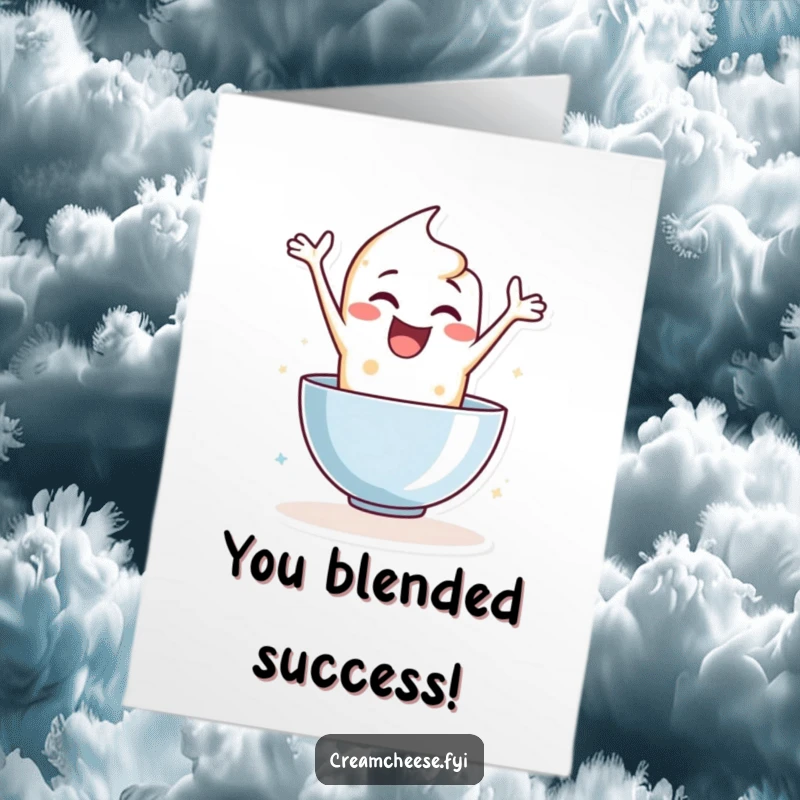 Funny Free Printable Congrats Card: Delighted cream cheese character joyfully leaping headfirst into a mixing bowl.