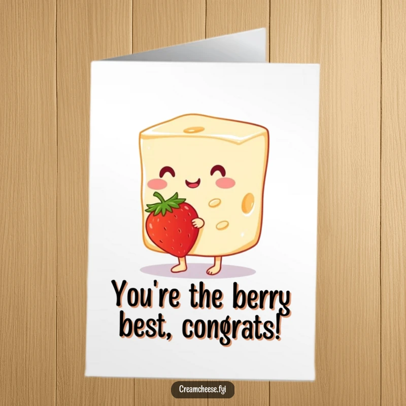 Funny Free Printable Congratulations Card: A cheerful cream cheese slice tiptoes delicately with a single, bright strawberry.