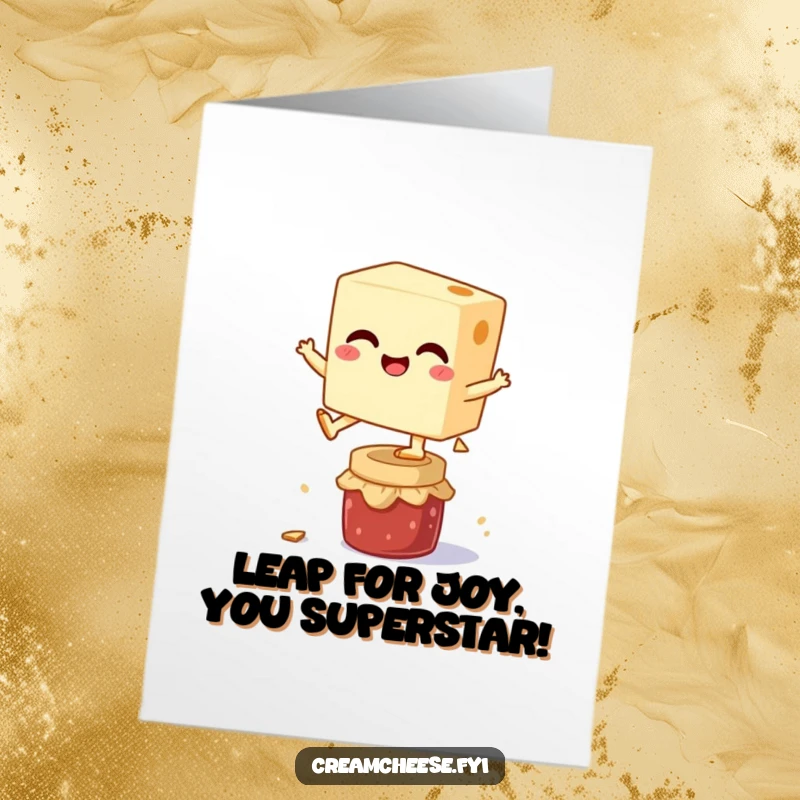 Funny Free Printable Congrats Card: Cream cheese block giggles while leaping over a jam jar, a downloadable symbol of sweet success.