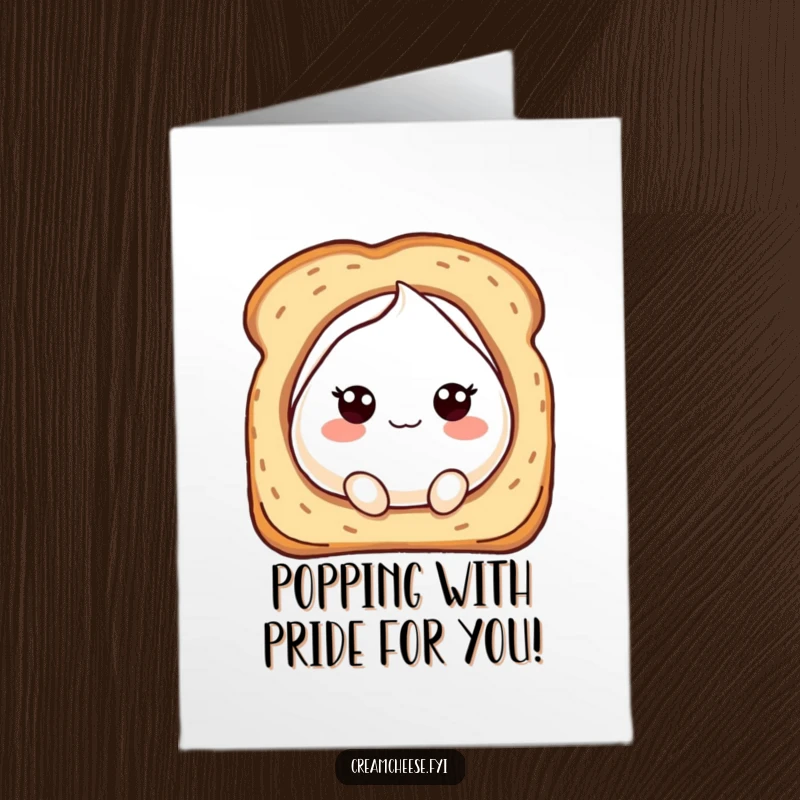 Funny Free Printable Congratulations Card showing a bubbly cream cheese character peeking out from a toast hole.