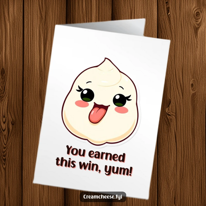 Funny Free Printable Congrats Card: A cream cheese dollop playfully sticks its tongue out, delivering cheesy congratulations and downloadable fun.