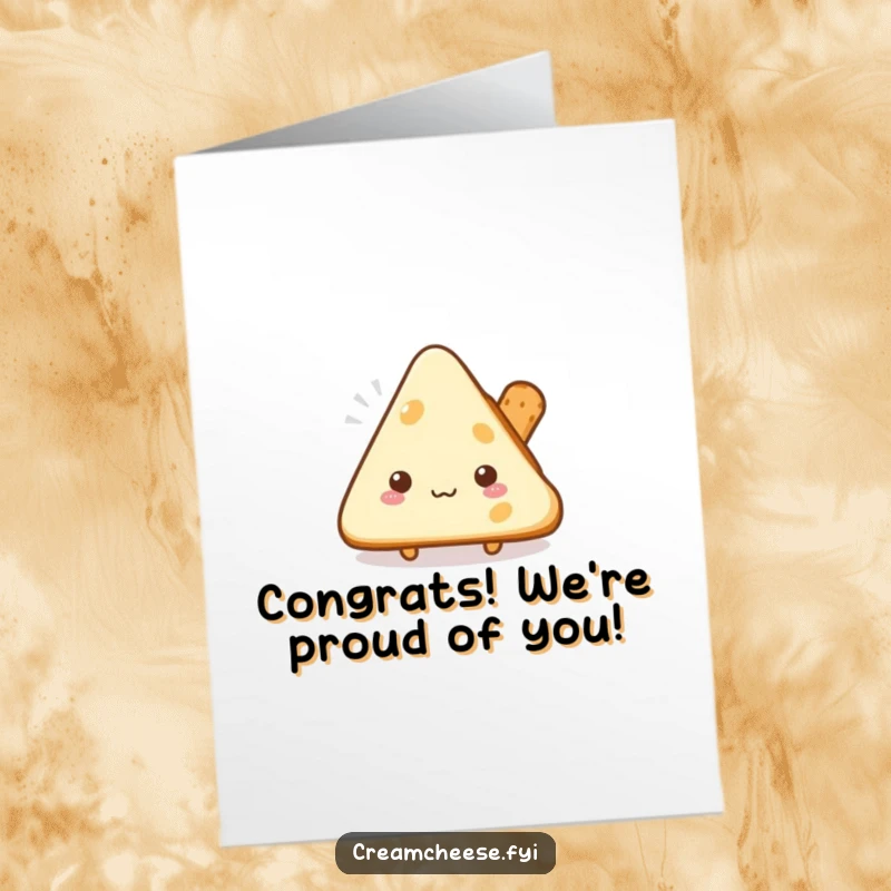 Funny free printable congratulations card showing a shy cream cheese triangle peeking from behind a breadstick, a cute way to say congrats.