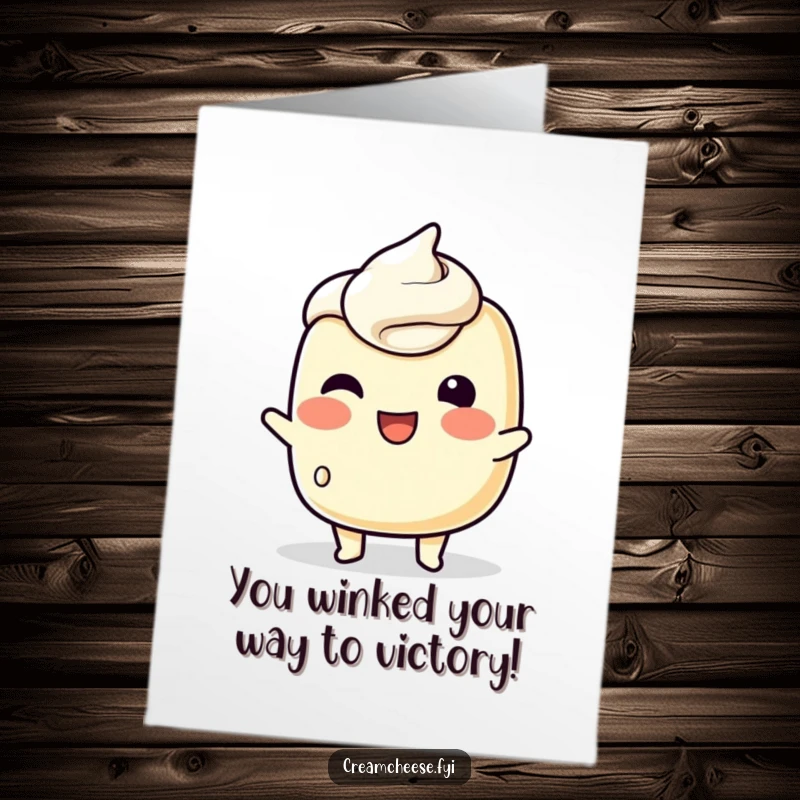 Funny Free Printable Congratulations Card showcasing a cream cheese character with a cheeky wink, celebrating good news.