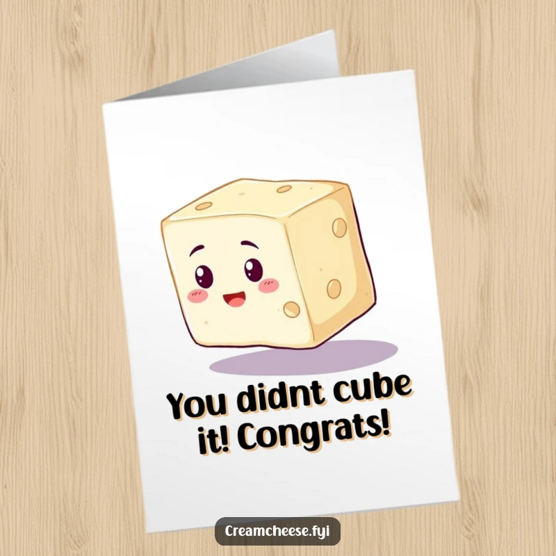 Funny Free Printable Congratulations Card: A cream cheese cube wobbling precariously, representing overcoming tricky situations with a smile.