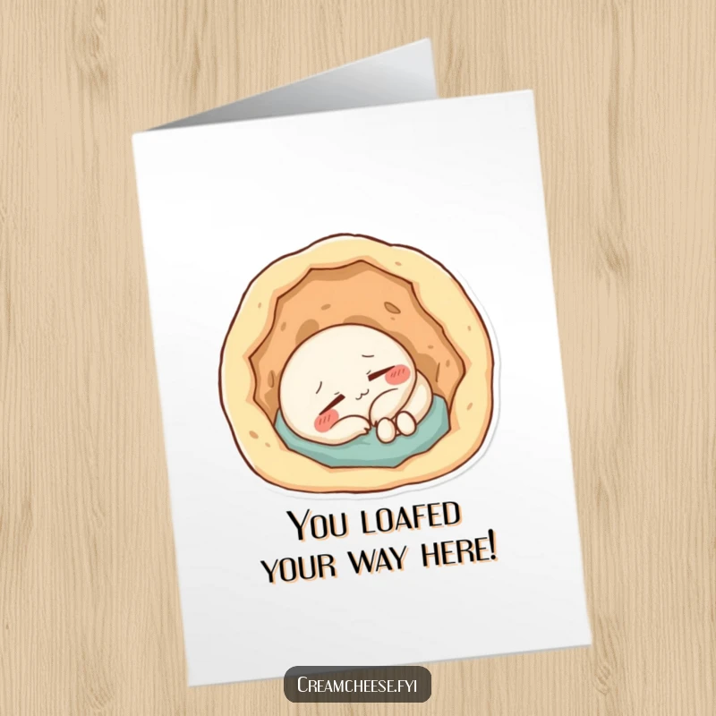 Funny Free Printable Cream Cheese Congratulations Card: Content cream cheese character sound asleep in a doughy nook, celebrating a job well done.