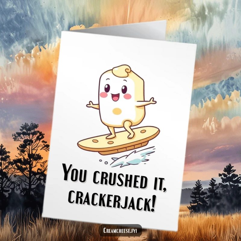 Funny Free Printable Congrats Card: A happy cream cheese character expertly surfs a giant cracker, symbolizing a triumphant and exciting victory.