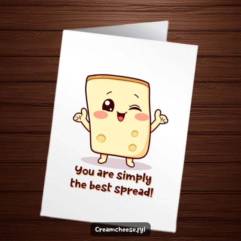 Funny Free Printable Congratulations Card: Winking cream cheese wedge in a triumphant pose, celebrating a cheesy victory.