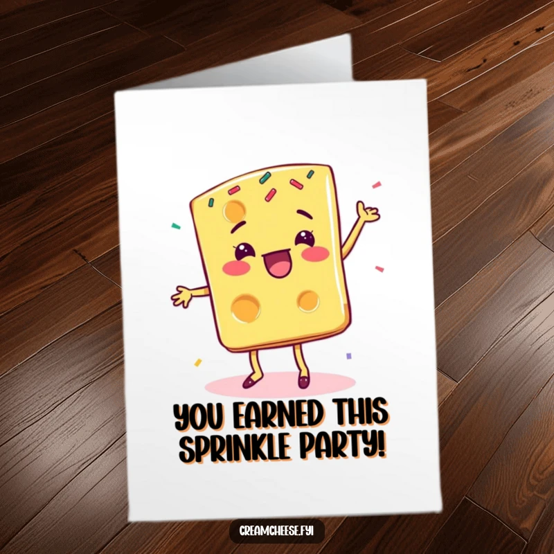 Funny Free Printable Congratulations Card featuring a delighted cheese slice dancing joyfully amongst sprinkles.