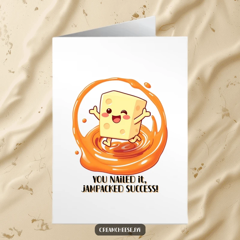 Funny Free Printable Congrats Card: Cream cheese character joyfully leaping through a swirl of delicious jam.