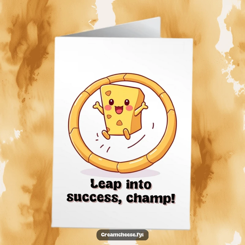 Funny Free Printable Congrats Card: Playful cheese wedge successfully leaps through a breadstick hoop, celebrating a grand achievement.