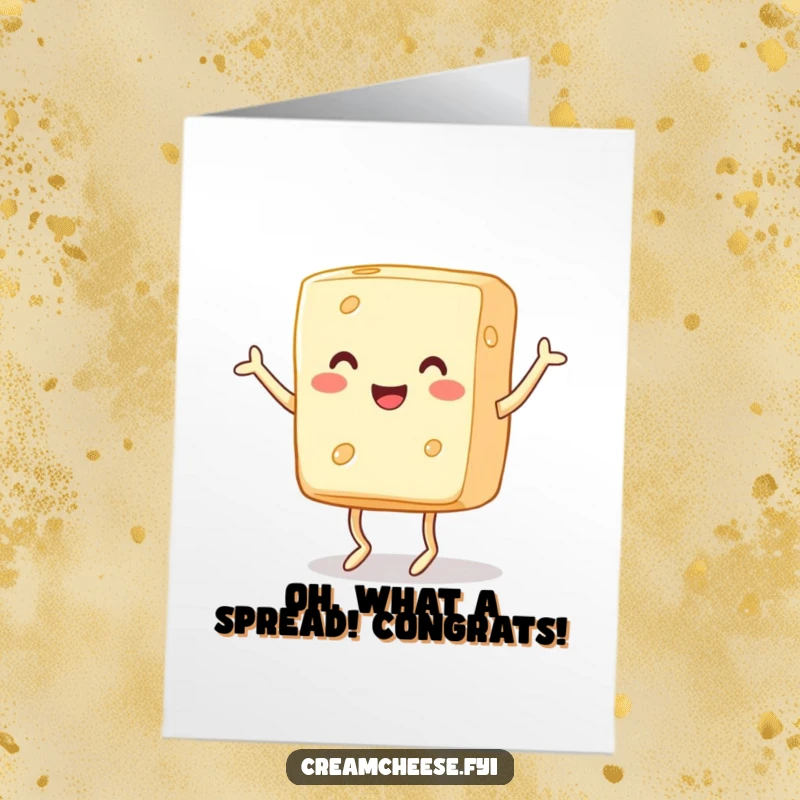 Funny Free Printable Congratulations Card: A cheerful block of cream cheese with tiny legs jigs with delight to celebrate an achievement.