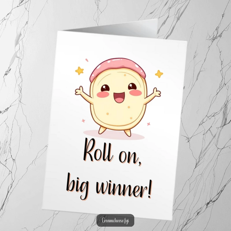 Funny Free Printable Congratulations Card: A delighted cream cheese roll performs a triumphant celebratory spin, radiating joy.