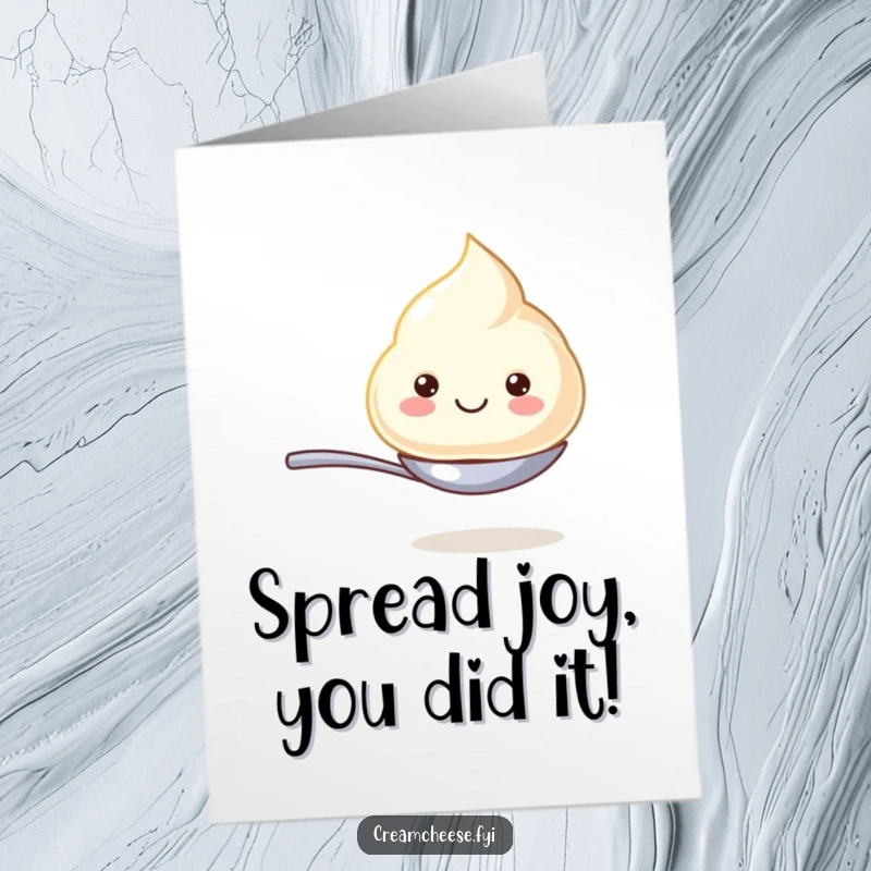 Funny Free Printable Congratulations Card showing a beaming cream cheese dollop on a spoon, celebrating success.