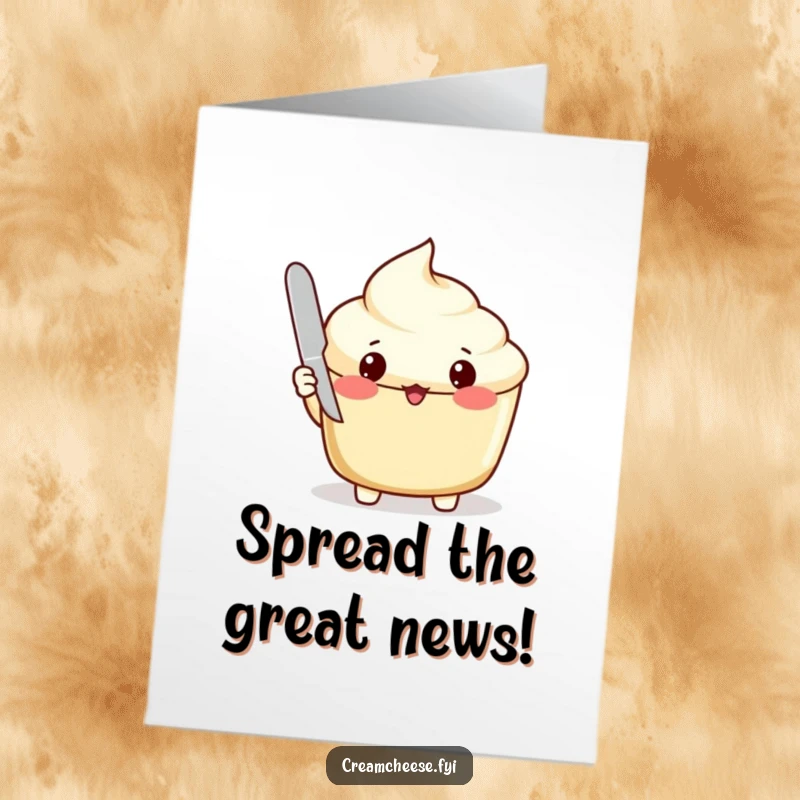 Funny Free Printable Congratulations Card: A startled cream cheese spread peeks out from its lid, knife in hand, celebrating.