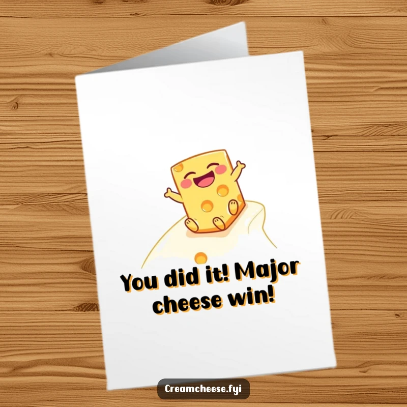 Funny Free Printable Congratulations Card showing a cheese block joyfully sliding down a slope, celebrating success.