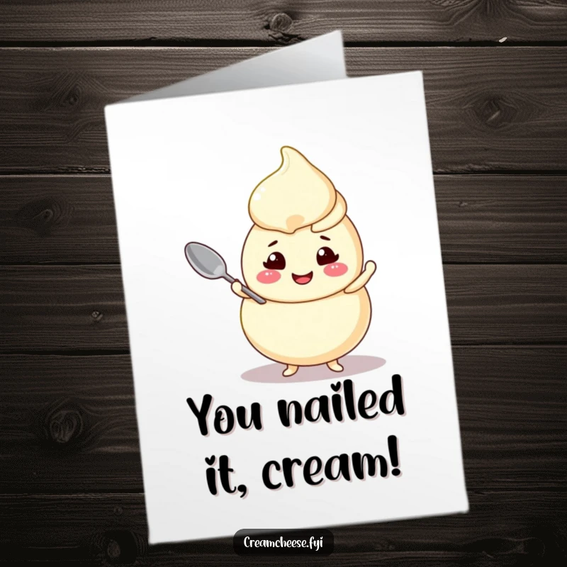 Funny Free Printable Cream Cheese Swirl Congratulations Card, a cheerful character joyfully balancing a tiny spoon, perfect for celebrating success.