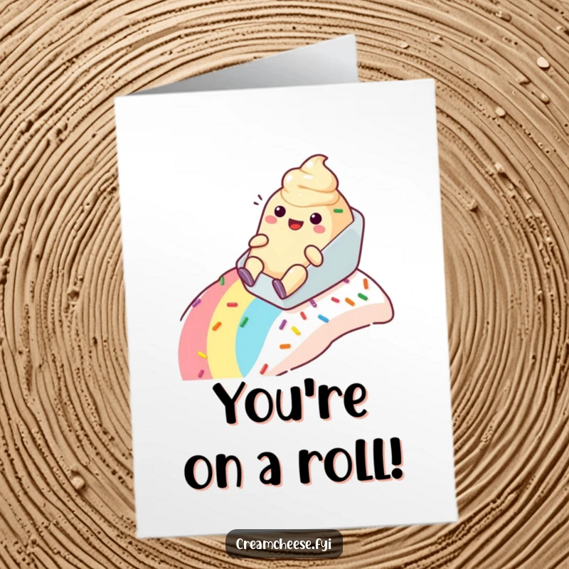 Funny Free Printable Congratulations Card: Anthropomorphic cream cheese tub happily rides a rainbow sprinkle slope, celebrating success playfully.