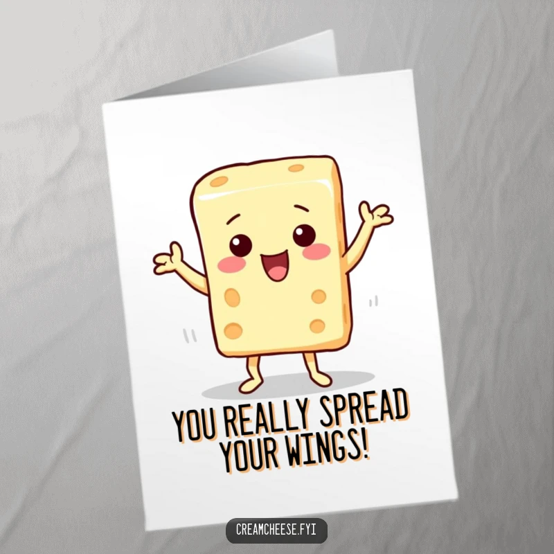 Funny free printable congratulations card of a cream cheese block character performing a joyful and silly dance move.