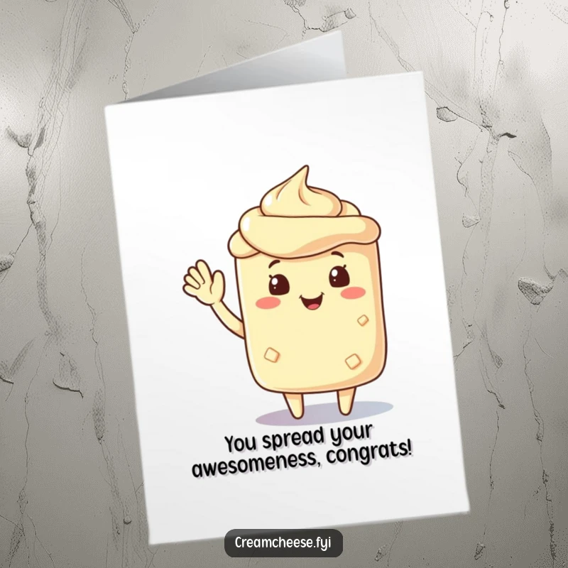 Funny Free Printable Congrats Card: A friendly cream cheese spread character waves cheerfully. A warm and downloadable congratulations.